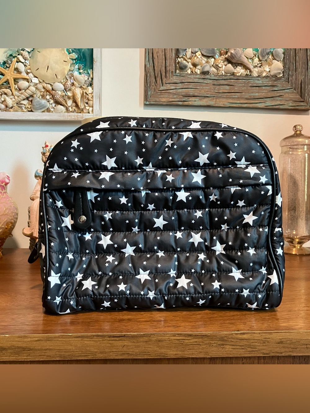 Sondra Roberts Squared Black Cosmetic Pouch with White Stars